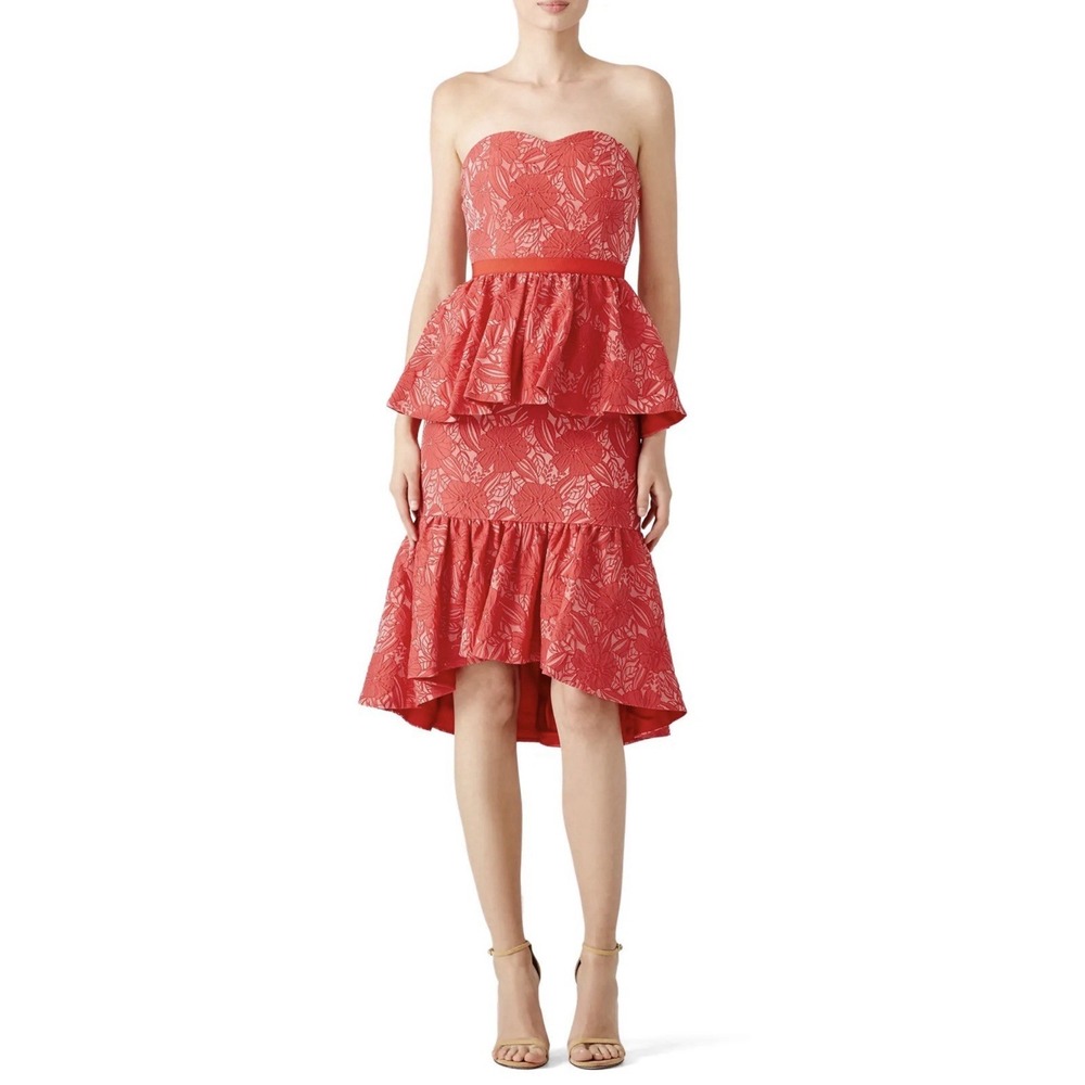 Christian Pellizzari Red Jacquard Peplum Ruffle Dress IT40 US4 Floral Prom‎ Silk